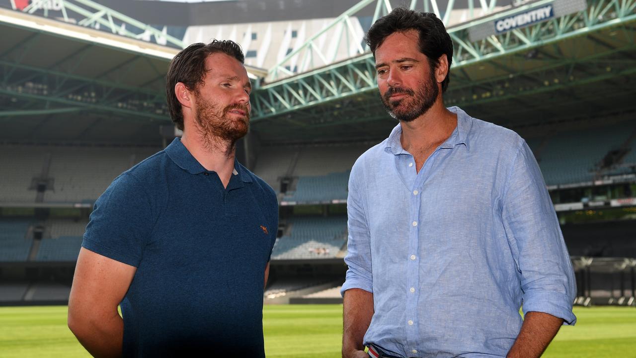 AFLPA President Patrick Dangerfield (left) and AFL CEO Gillon McLachlan talk following a press conference at Marvel Stadium, Melbourne, Thursday, January 9, 2019. AFL CEO Gillon McLachlan, AFLPA CEO Paul Marsh and AFLPA President Patrick Dangerfield have announce an AFL state of origin match to raise funds for bushfire affected communities. (AAP Image/James Ross) NO ARCHIVING