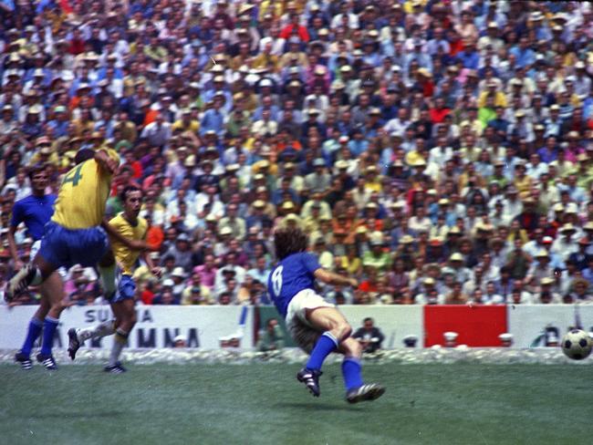 Brazil's captain Carlos Alberto unleashes his fierce strike.