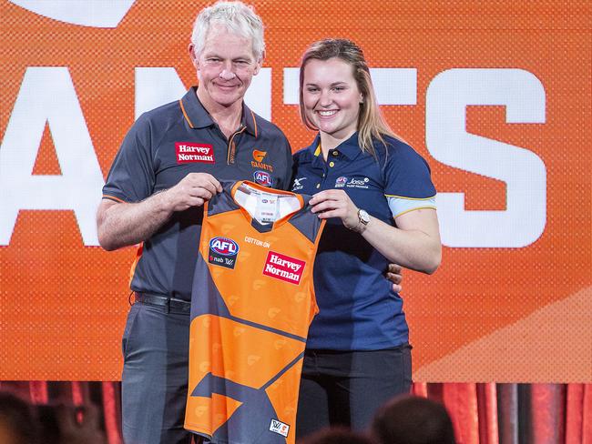 Coach Alan McConnell and Parker at the 2018 AFLW Draft. Pick: AAP