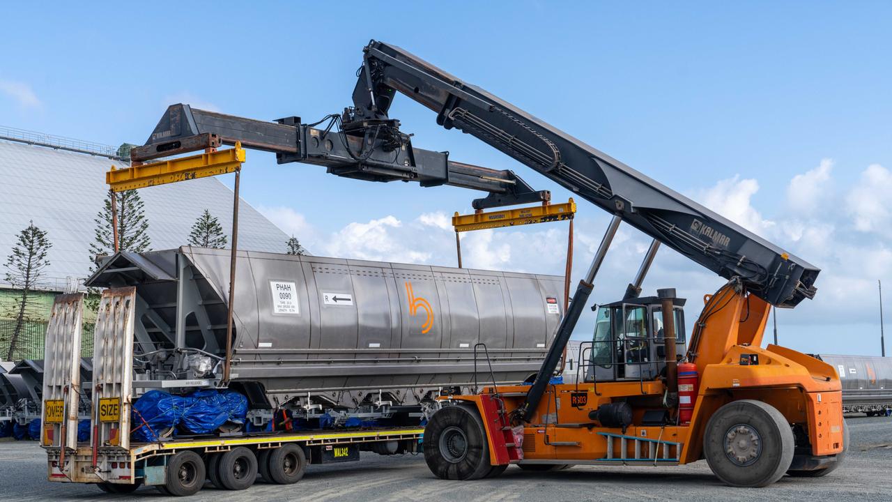 Bowen Rail Company wagons being unloaded at Mackay Port. They will go on the rail line for Bravus, formerly known as Adani. Picture: Contributed