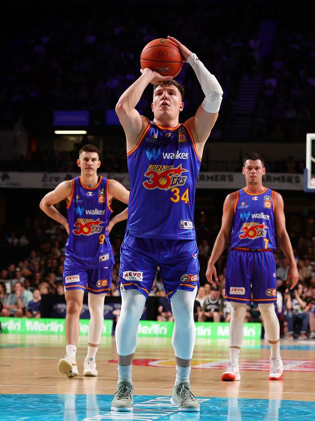 Dejan Vasiljevic of the 36ers during the round 20 NBL match between Adelaide 36ers and New Zealand Breakers at Adelaide Entertainment Centre on February 18, 2024 in Adelaide, Australia. (Photo by Sarah Reed/Getty Images)