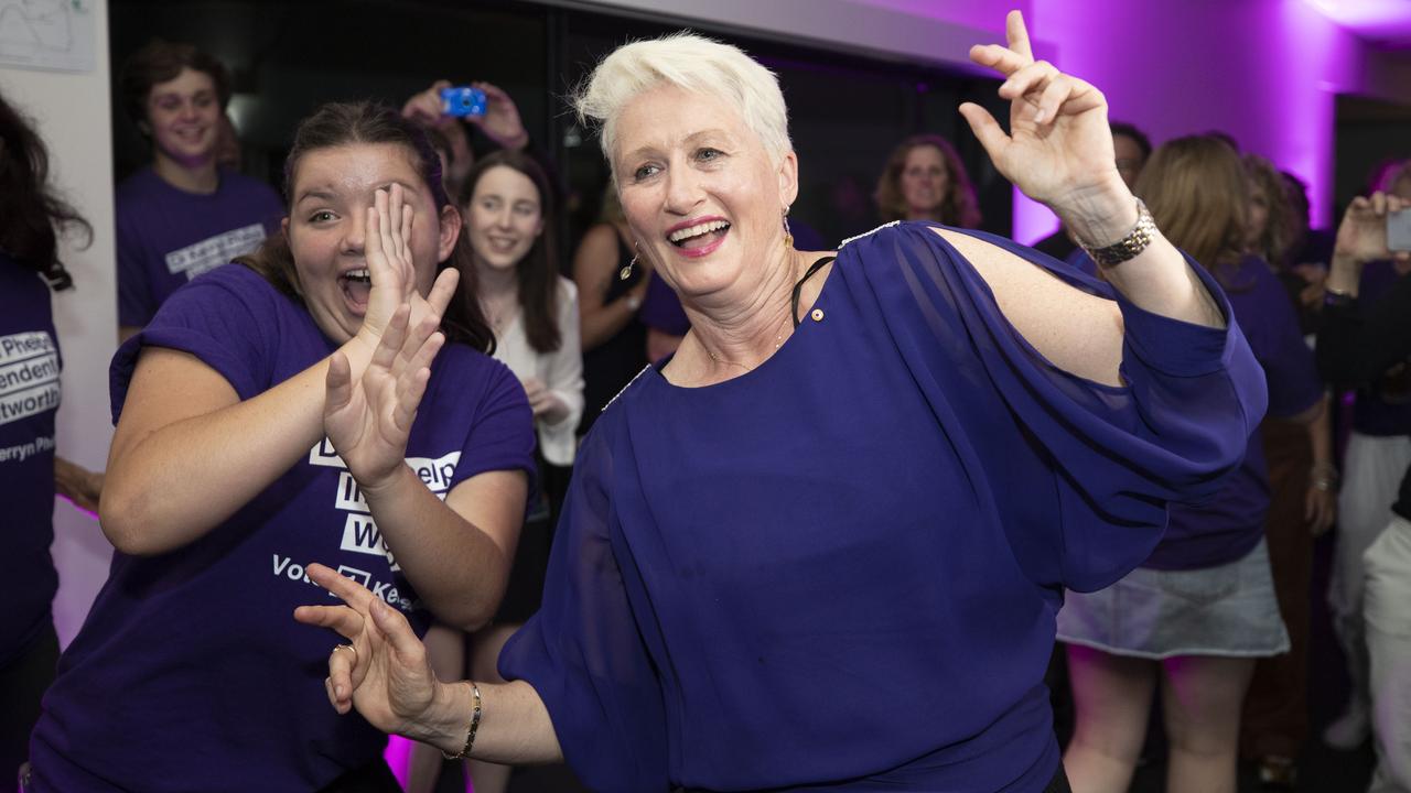 Kerryn Phelps dances and celebrates winning the seat of Wentworth. Picture: Getty Images