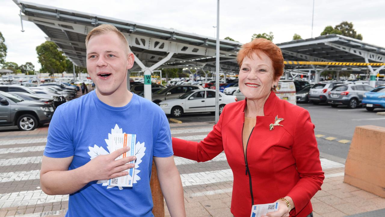 Pauline Hanson with Gage Savage outside Elizabeth City Centre on Thursday. Picture: NCA NewsWire / Brenton Edwards