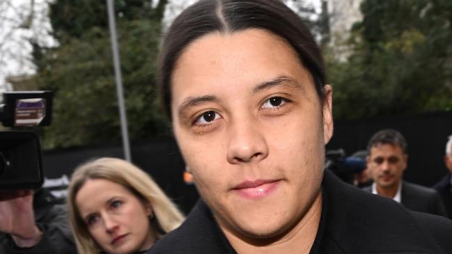 KINGSTON UPON THAMES, ENGLAND - FEBRUARY 3: Australian footballer Sam Kerr arrives outside the Crown Court ahead of her trial for a racial harassment case on February 3, 2025 in Kingston upon Thames, England. The Matildas star, who also plays professionally for Chelsea in the Women's Super League, is facing charges of "racially aggravated harassment" of a police officer related to an incident in Twickenham on January 30, 2023.  (Photo by Leon Neal/Getty Images)