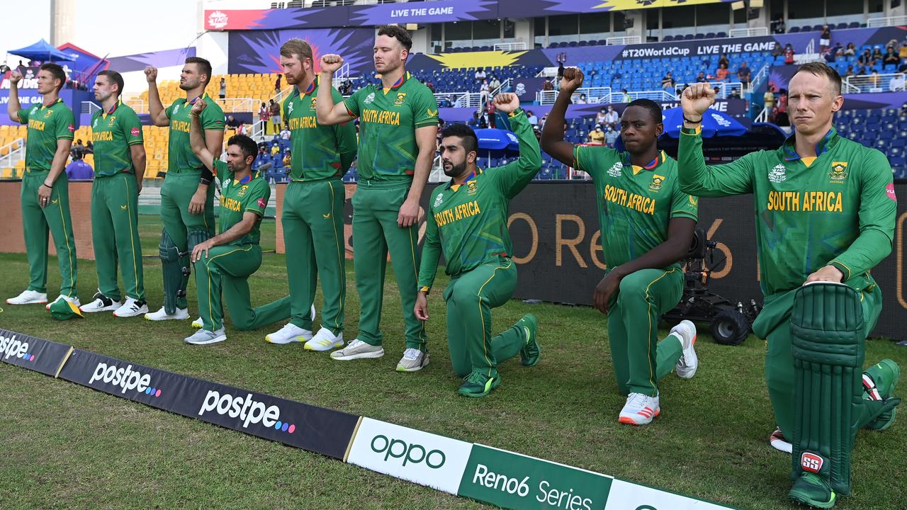 Only some of the South African players took the knee before their T20 World Cup match against Australia, prompting Cricket South Africa to order all players to take part in their next match against the West Indies. Picture: Getty Images
