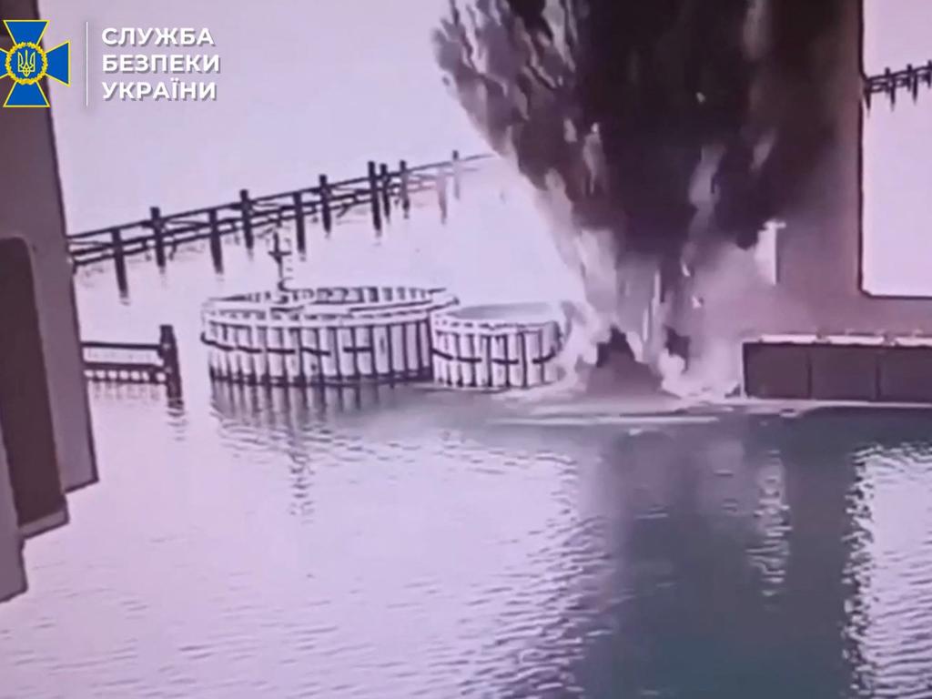 The Ukrainian Security Service released footage of the explosion of the Kerch Bridge connecting Crimea with Russia. Picture: AFP
