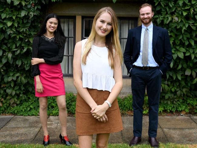 Tiffany Wong, Christina Pennell and Tim Berney-Gibson, resident students at Graduate House at St Paul's College. Picture: Dan Himbrechts