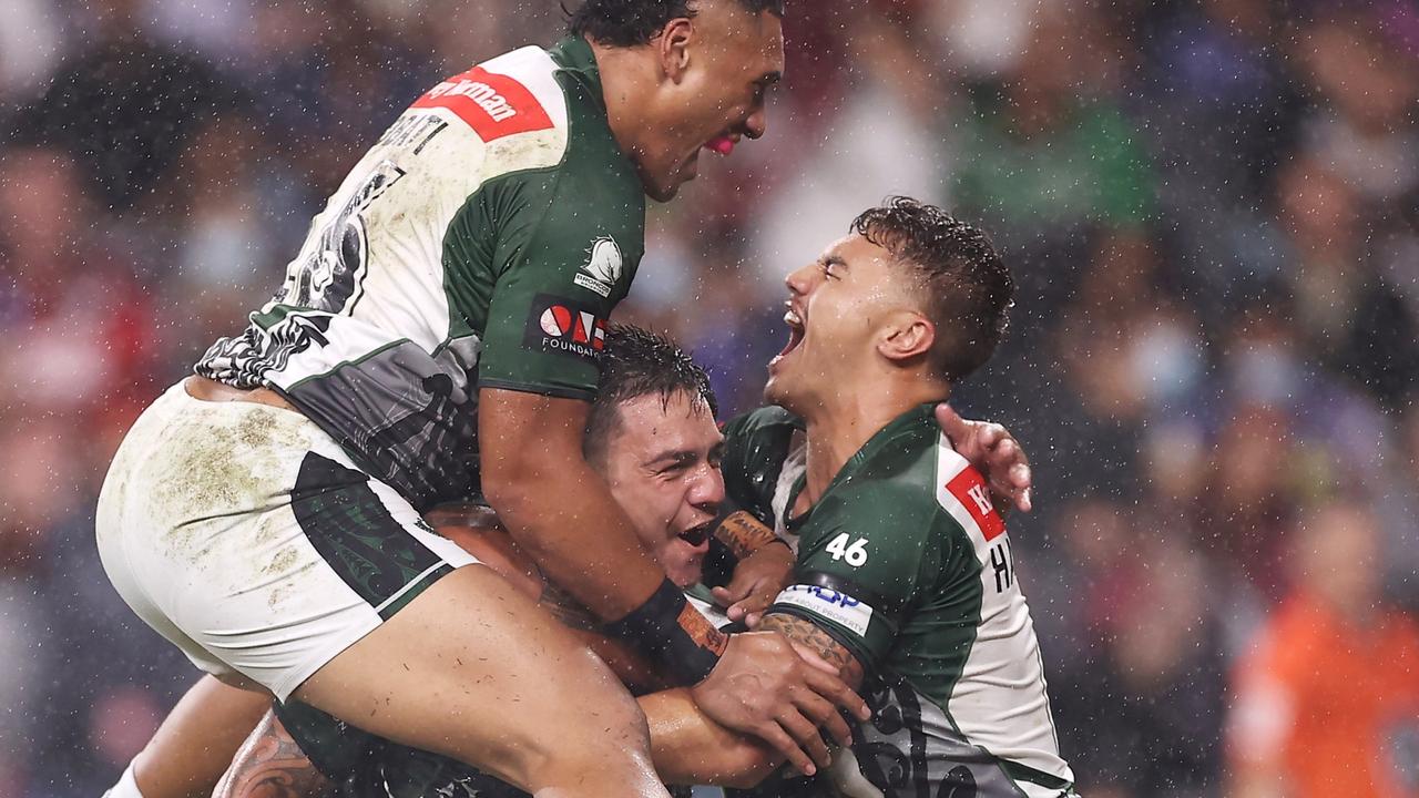 SYDNEY, AUSTRALIA - FEBRUARY 12: Kodi Nikorima of the Maori All Stars celebrates with his team mates after scoring a try during the match between the Men's Indigenous All Stars and the Men's Maori All Stars at CommBank Stadium on February 12, 2022 in Sydney, Australia. (Photo by Mark Kolbe/Getty Images)
