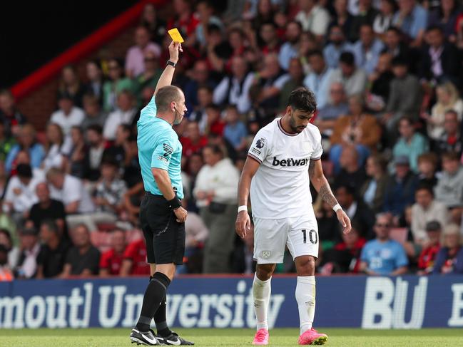 Lucas Paqueta (above) of West Ham United was investigated over this yellow card against AFC Bournemouth. He denies any wrongdoing. (Photo by Henry Browne/Getty Images)