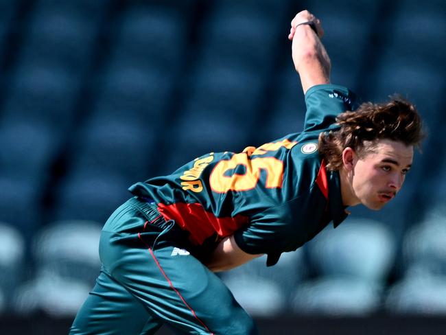 LAUNCESTON, AUSTRALIA - FEBRUARY 05: Aidan O'Connor of the Tigers bowls during the ODC match between Tasmania Tigers and New South Wales Blues at UTAS Stadium, on February 05, 2025, in Launceston, Australia. (Photo by Steve Bell/Getty Images)