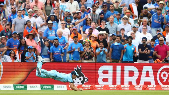 Chris Woakes of England dives to take a spectacular catch to dismiss Rishabh Pant of India off the bowling of Liam Plunkett. Picture: Michael Steele/Getty Images