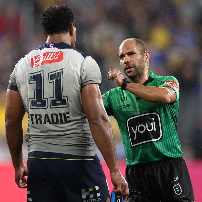 Referee Ashley Klein did not send Felise Kaufusi of the Storm off despite placing him on report for a cheap shot on Ryan Matterson. Picture: Cameron Spencer/Getty Images