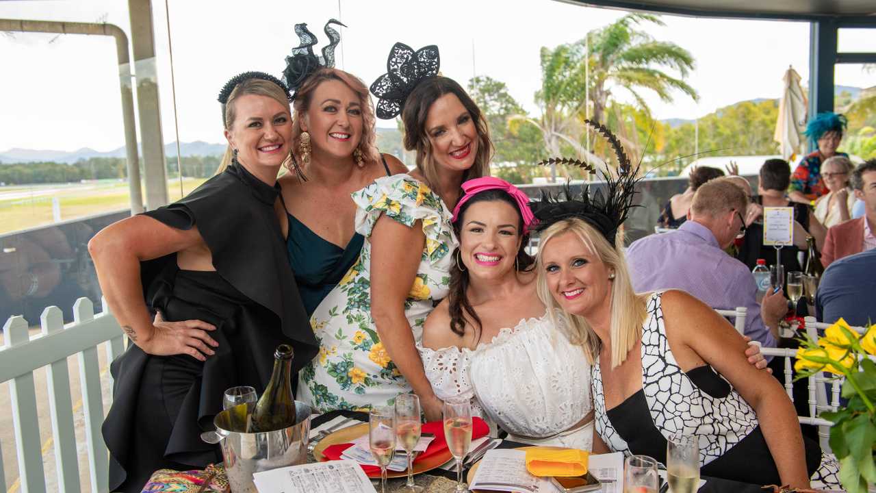 Melbourne Cup Race Day at Coffs Harbour Racing Club Melanie Greenaway, Karina Fogg, Jenni Graetz, Jasmin Adams and Tara Tweddle. Picture: Trevor Veale