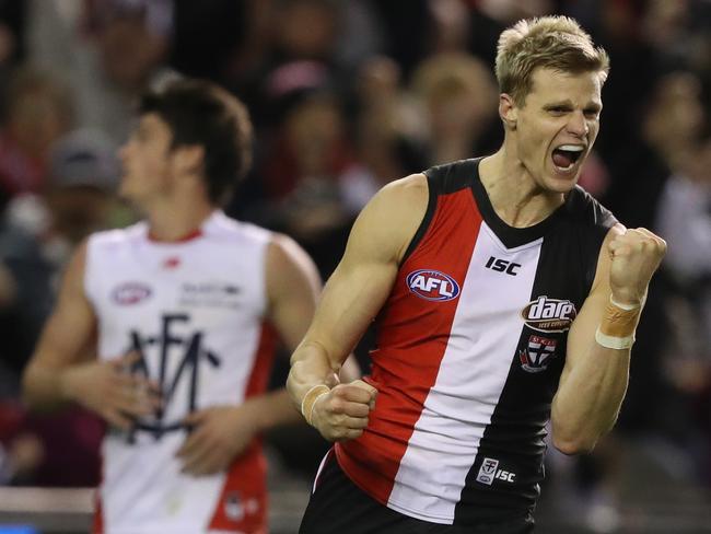 Nick Riewoldt celebrates during St Kilda’s win. Picture: Getty Images