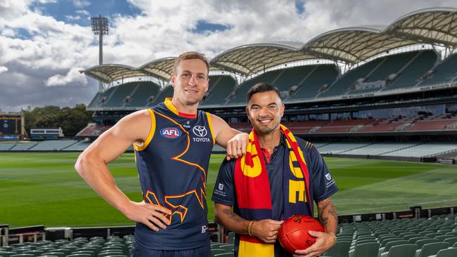 Crows captain Jordan Dawson with Guy Sebastian. Picture: Sarah Reed Photography