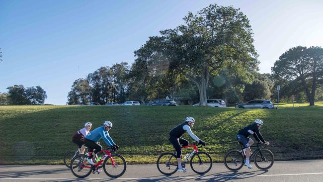 Cyclists enjoy a crystal clear winters morning at centennial Park, Sydney. Picture: NCA NewsWire / Simon Bullard