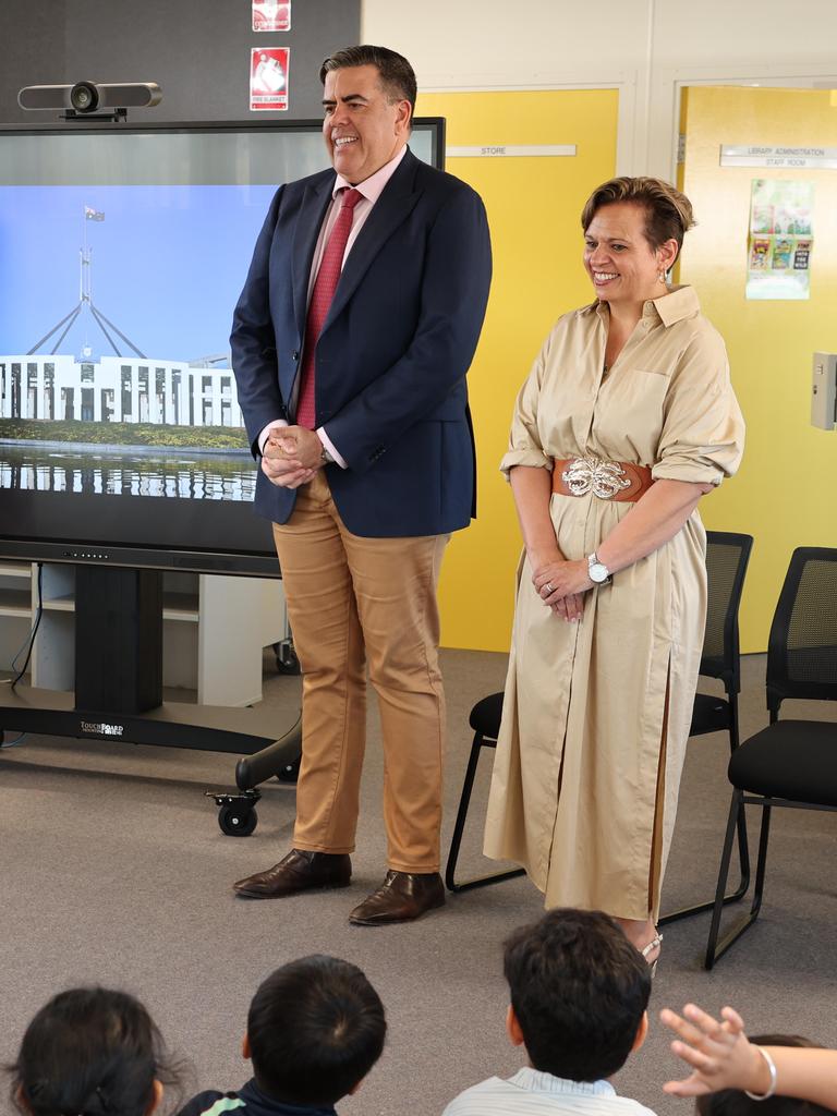 Pictured at Box Hill Public School today is Speaker of the House of Representatives Milton Dick, and Minister for Communications Michelle Rowland, and Principal Mel Mackie. Picture: Tim Hunter.