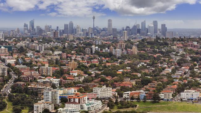 Australian capital city Sydney birds eye view from Bondi beach surt to the city CBD in  aerial shot