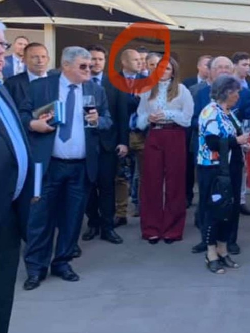 Sam Duluk (circled) and Tony Abbott (left) at a book launch for the former prime minister at Tomich Wines in Unley on Wednesday, February 19, 2020. Picture: Facebook.