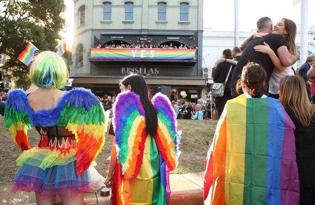 Celebrating the yes vote in Sydney. Picture: James Alcock