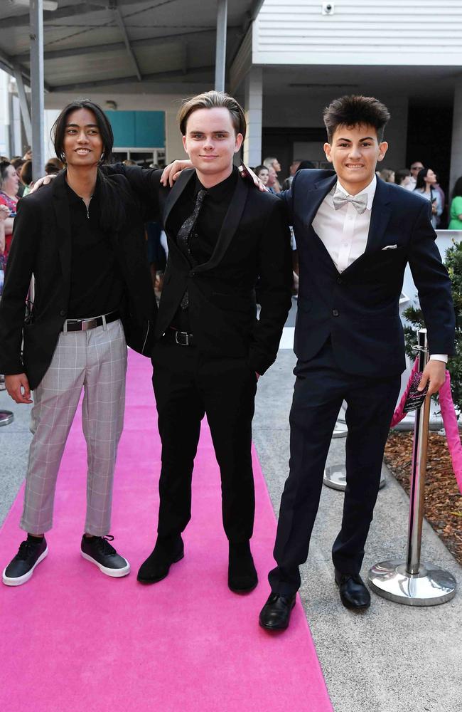 Donovan Cristo, Kieran Lowery and Zac Dowd at Meridan State College formal. Picture: Patrick Woods.