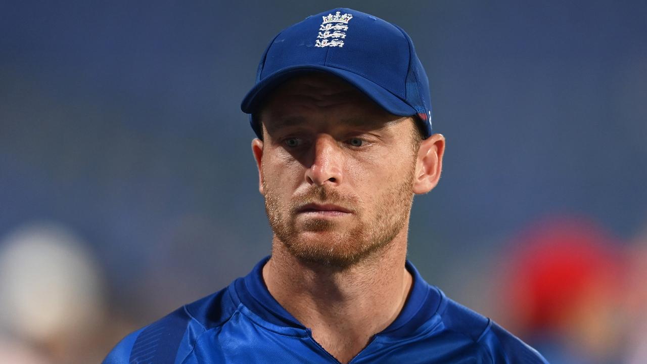 Jos Buttler of England looks on. (Photo by Gareth Copley/Getty Images)