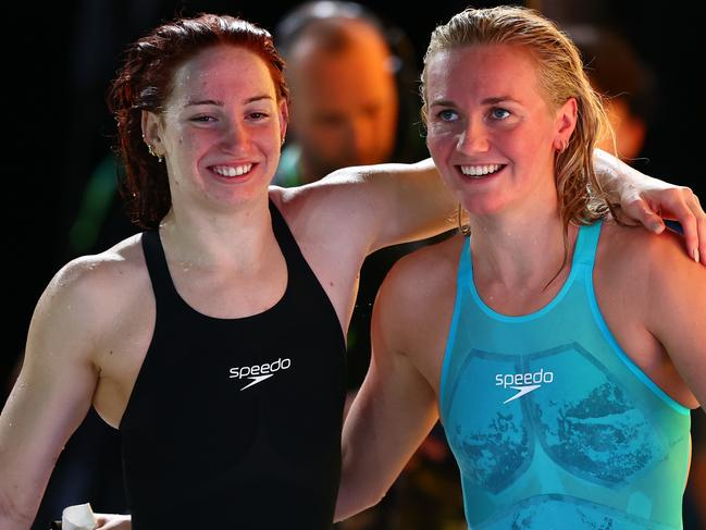 BRISBANE, AUSTRALIA - JUNE 12: Ariarne Titmus (R) of Queensland celebrates with Mollie O'Callaghan (L) of Queensland after winning the WomenÃ¢â¬â¢s 200m Freestyle Final in a new world record time of 1:52.23 during the 2024 Australian Swimming Trials at Brisbane Aquatic Centre on June 12, 2024 in Brisbane, Australia. (Photo by Chris Hyde/Getty Images)