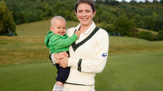 Sarah Elliott poses with her son Sam during the 2013 Women's Ashes Series.