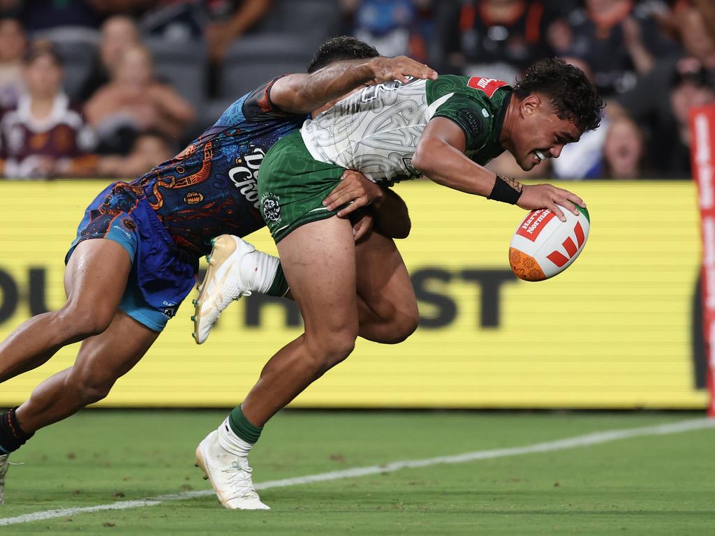 Jacob Laban scores the matchwinner for the Maori All Stars. Picture: Getty Images