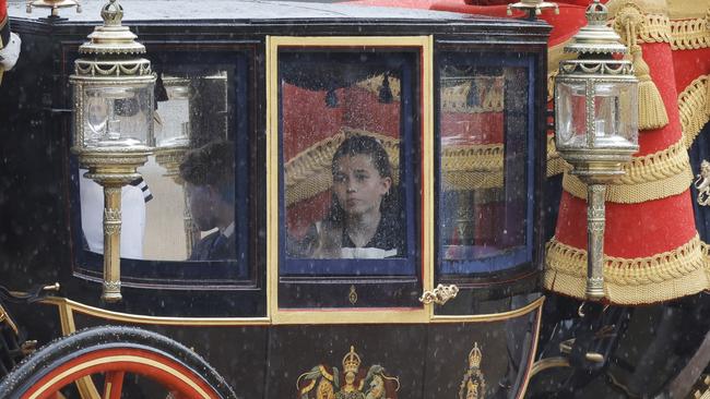 Princess Charlotte of Wales travels in the glass state coach. Picture: Getty Images