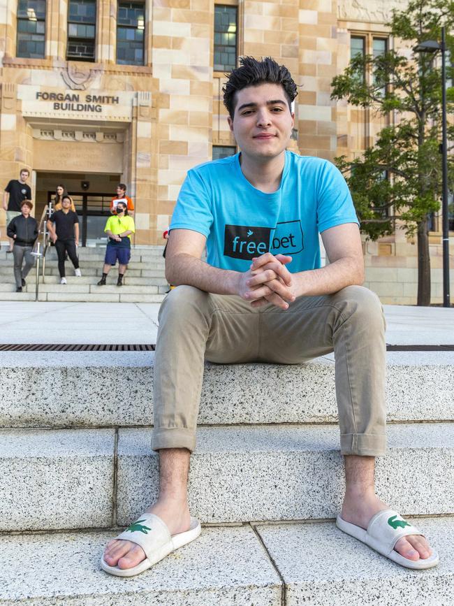 Drew Pavlou outside the University of Queensland’s Forgan Smith building. Picture: Richard Walker