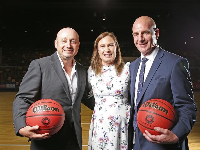 NBL owner and executive chairman Larry Kestelman, Glenorchy Mayor Kristie Johnston and Tasmanian Premier Peter Gutwein today announced that the leagues 10th team would be based in Tasmania. Picture: ZAK SIMMONDS