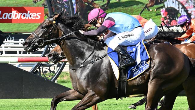 Give Me Space storms home to win the Group 3 Vo Rogue Plate at Eagle Farm. Picture: Grant Peters/Trackside Photography