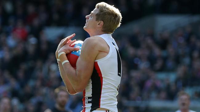 Nick Riewoldt has taken more marks on the lead than any player across the decade. Picture : George Salpigtidis