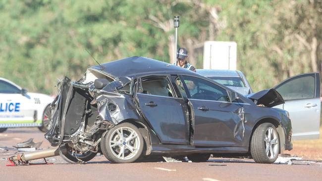 The horrific scene of the crash at Humpty Doo in which a woman was killed. Picture: Glenn Campbell