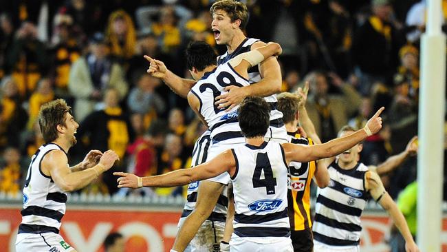 Tom Hawkins goes nuts after kicking the matchwinner from long range to sink the Hawks.