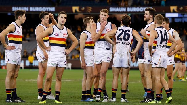 The dejected Crows after their capitulation to Hawthorn. Picture: Adam Trafford/AFL Media/Getty Images