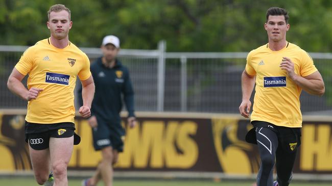 Boom recruits: Tom Mitchell and Jaeger O’Meara in action during a running session at Waverley Park. Picture: Michael Klein