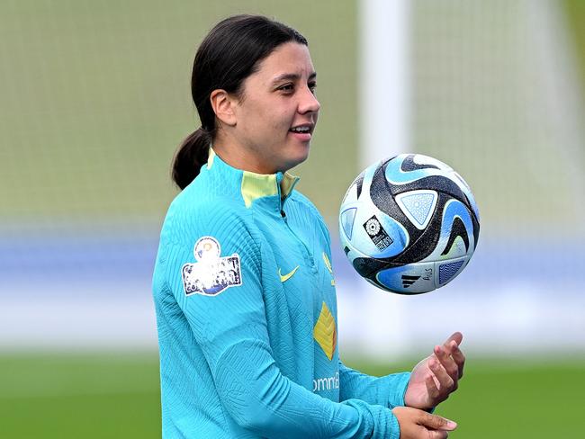 Sam Kerr took part in main training for the Matildas on Wednesday. Picture: Bradley Kanaris/Getty Images.