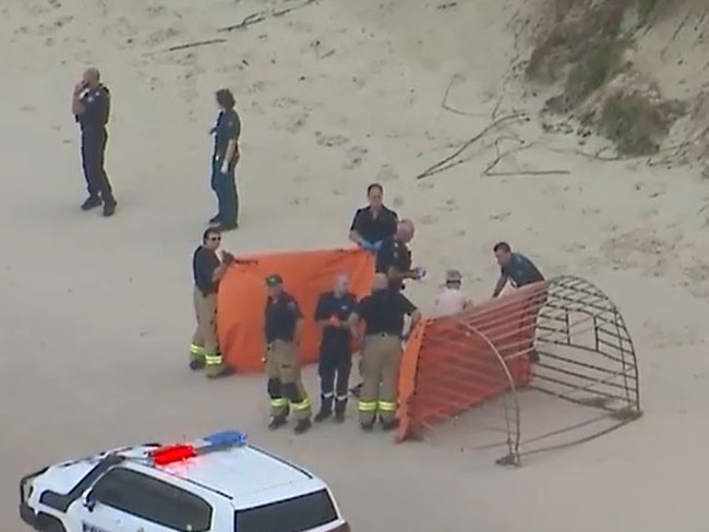 Emergency services were called to Woorim Beach on Bribie Island about 4.45pm local time on Monday. Picture: 9 News