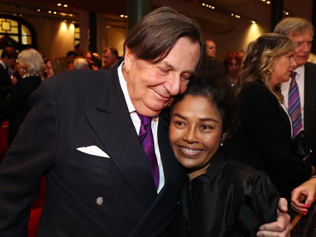 Bill Leak’s widow Goong and good friend Barry Humphries after Leak’s funeral service. Picture: John Feder