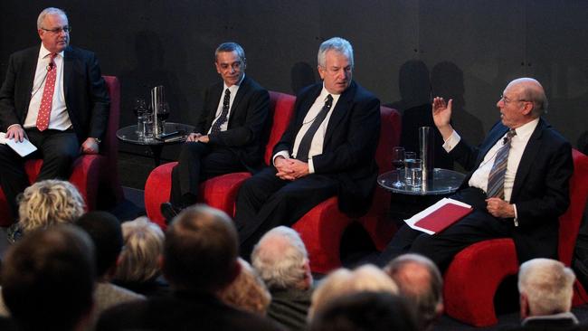 Alan Kohler, Stephen Bartholomeusz, John Durie and Robert Gottliebsen sharing their views with subscribers at The Museum of Sydney last night. (Hollie Adams/The Australian)