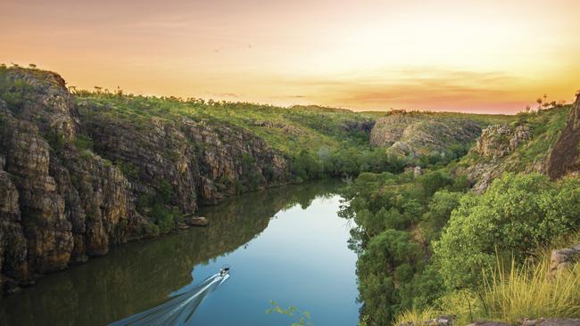 Aerial shot of Katherine Gorge sunset cruise. Picture: Tourism NT