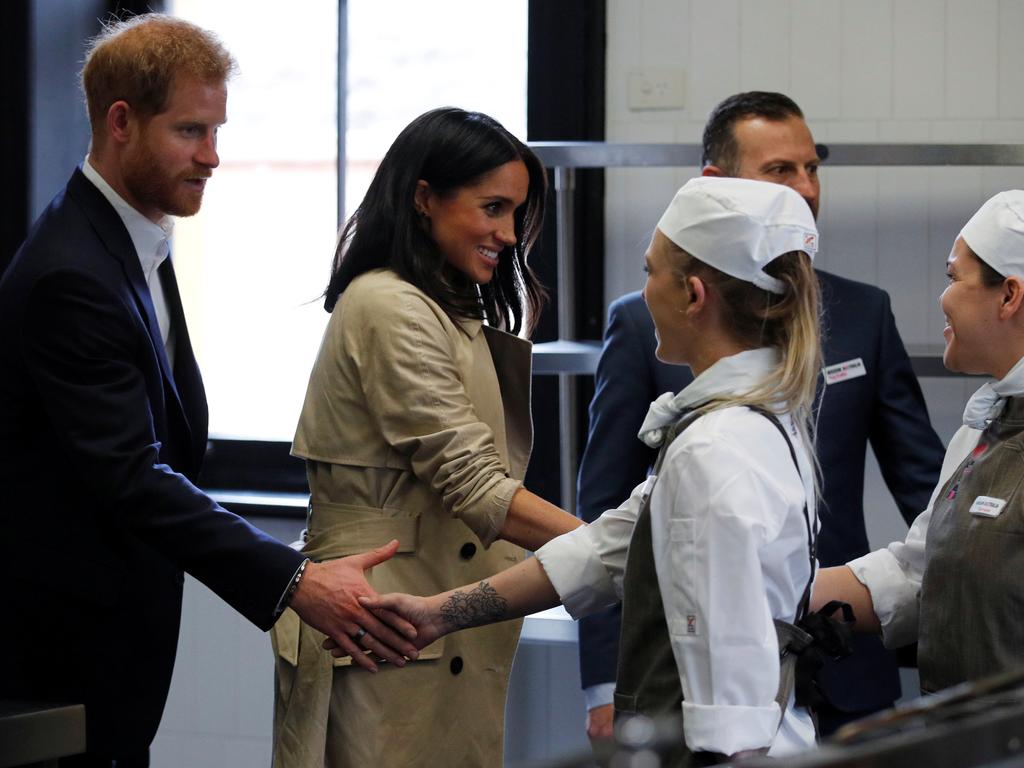 Prince Harry and Meghan visited the Mission Australia social enterprise restaurant Charcoal Lane, in Fitzroy. Picture: Phil Noble