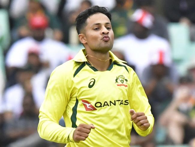 DURBAN, SOUTH AFRICA - SEPTEMBER 03:   Tanveer Sangha of Australia celebrates with teammates for dismissing Reeza Hendricks of South Africa during the 3rd KFC T20 International match between South Africa and Australia at Hollywoodbets Kingsmead Stadium on September 03, 2023 in Durban, South Africa. (Photo by Sydney Seshibedi/Gallo Images)