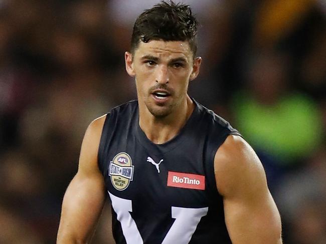 MELBOURNE, AUSTRALIA - FEBRUARY 28: Scott Pendlebury of Victoria in action during the 2020 State of Origin for Bushfire Relief match between Victoria and the All Stars at Marvel Stadium on February 28, 2020 in Melbourne, Australia. (Photo by Michael Willson/AFL Photos via Getty Images)