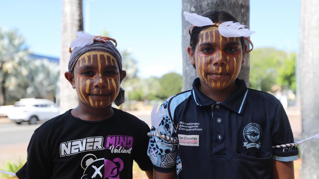 Munupi family members of 47-year-old Pukumani Alimankinni performed her Jorrigjorringa (kookaburra) song outside Darwin Local Court following her death in care coronial, on April 24, 2024. Picture: Zizi Averill