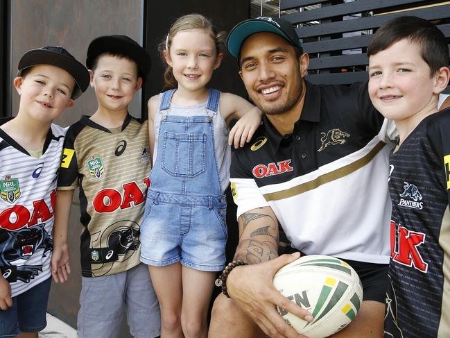 Penrith Panthers NRL members day with players interacting with the fans. Pictured is Dean Whare with young fans (left) Lucas Elliott 5, Lachlan Elliott 7, Kaitlin Hearn 8, Dean Whare and Lachlan Hearne 7.