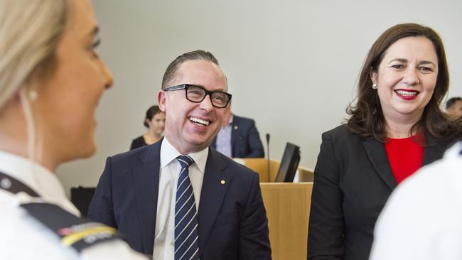 Qantas CEO Alan Joyce and Premier Annastacia Palaszczuk announcing the pilot training academy at Wellcamp Airport in Toowoomba.