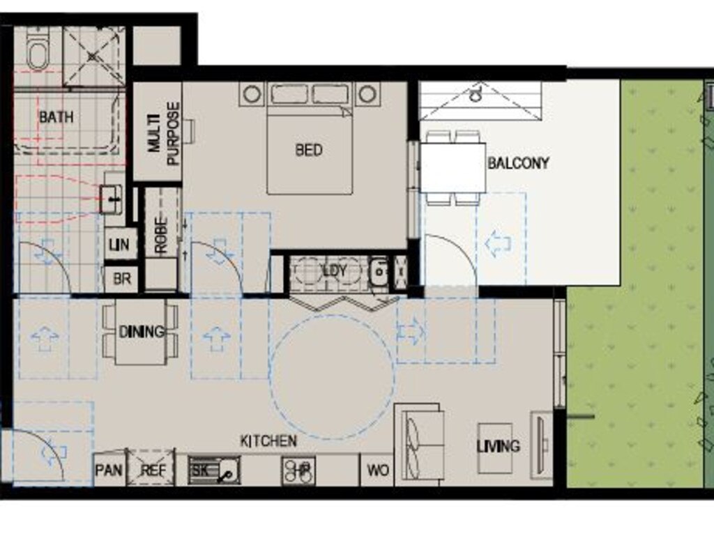 All other units will be one-bedroom apartments with their own kitchen and dining spaces as well as private balconies.
